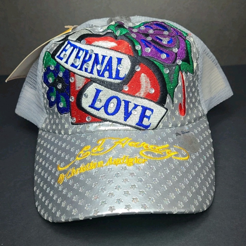 Vtg 90's Ed Hardy Hat Trucker Cap Love Tattoo Graphic Rhinestone Snapback NWT